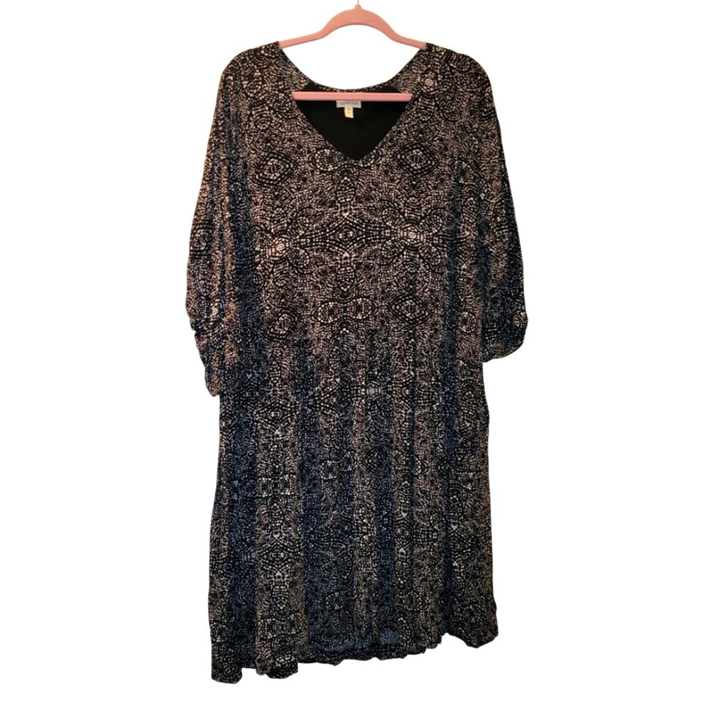 Garnet Hill Black/White Floral Button Front Drop Waist Boho Pocket Front Dress